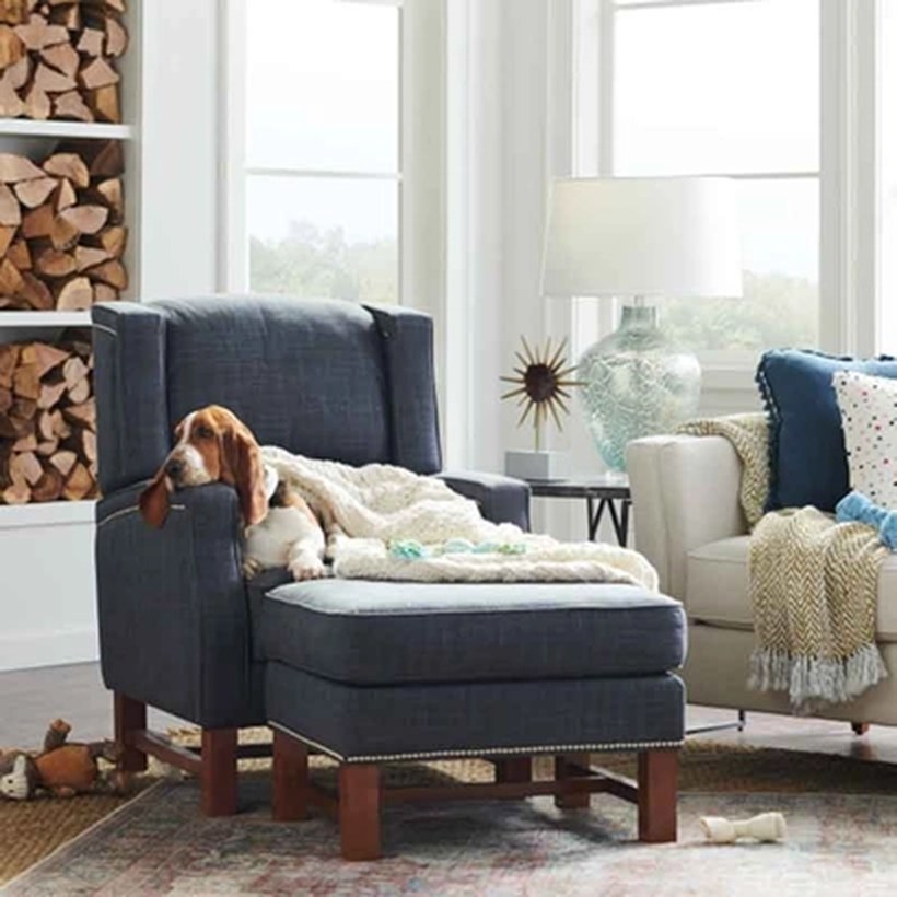 A La-Z-Boy navy wing chair with ottoman