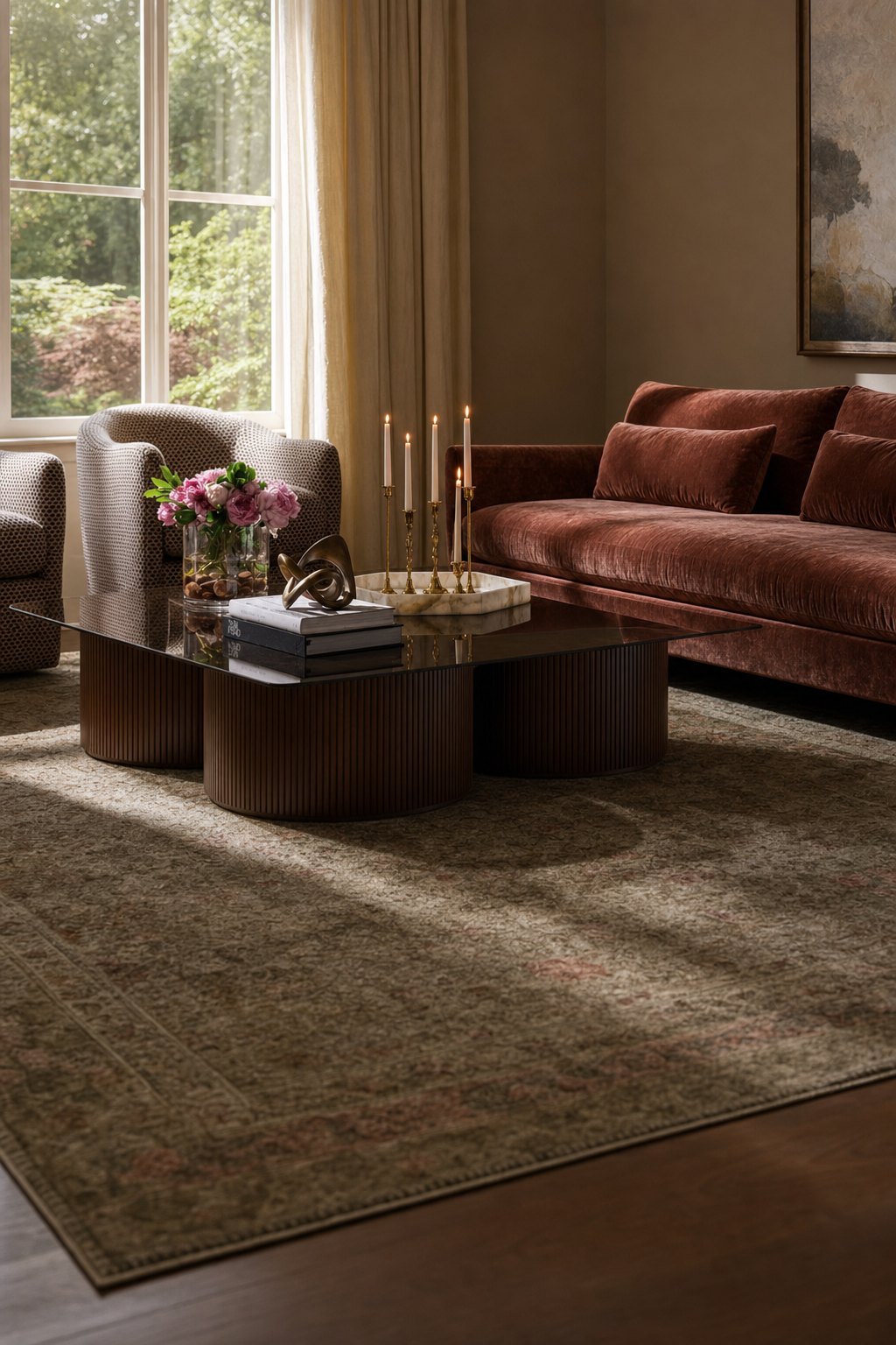 A living room styled by the Hickory Park designers, with a rust velvet sofa, taper candles and a fluted walnut table